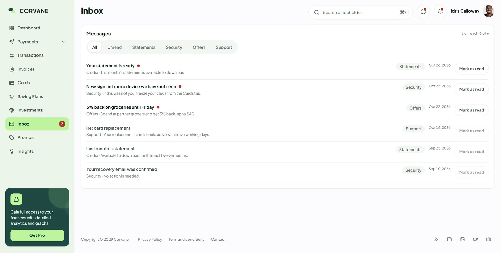 Corvane inbox listing statements, security, offers and support messages with unread markers
