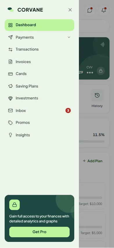 Corvane navigation drawer open over the phone dashboard