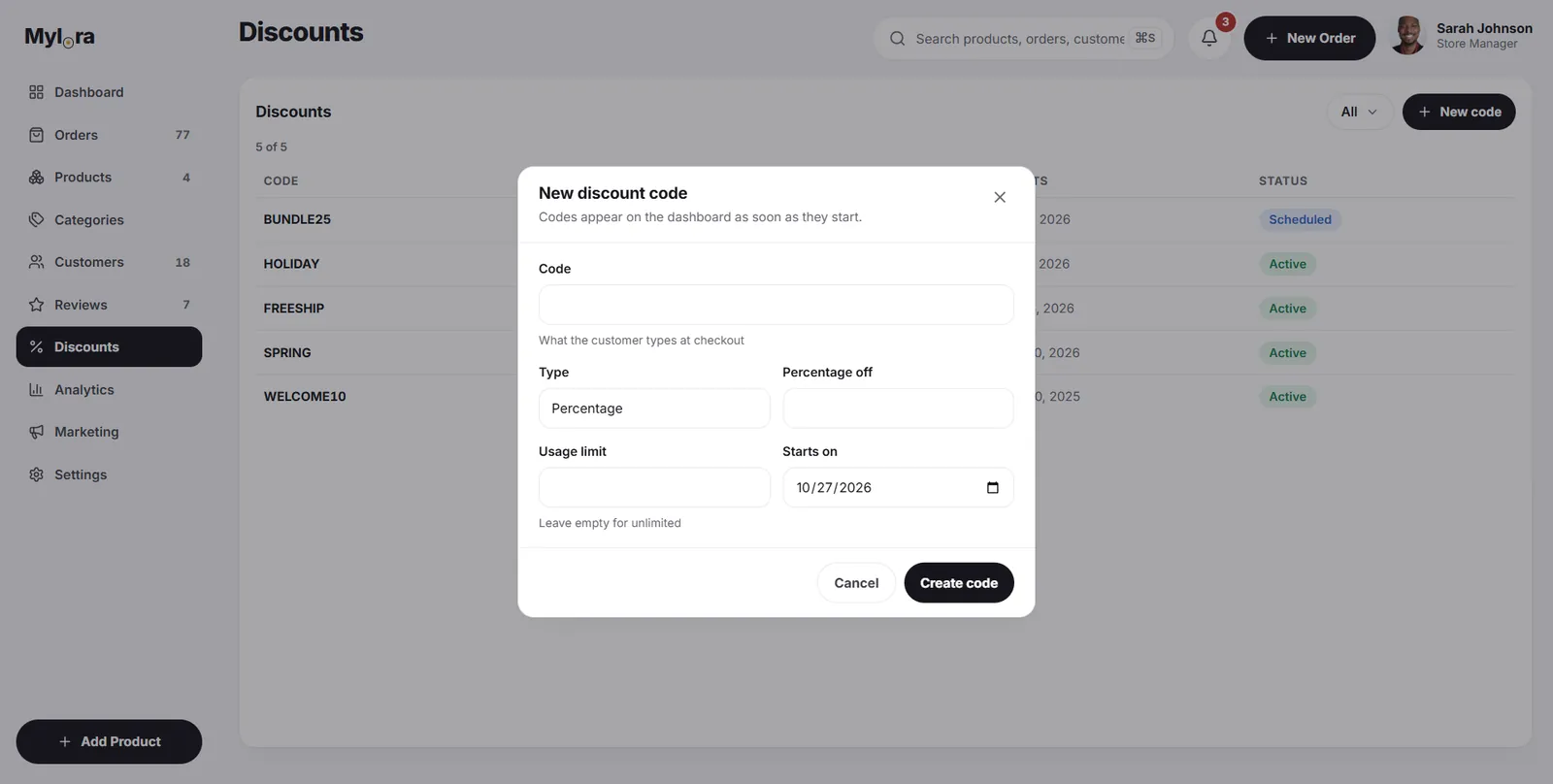 Mylora discounts list with scheduled and active codes behind a new discount code dialog