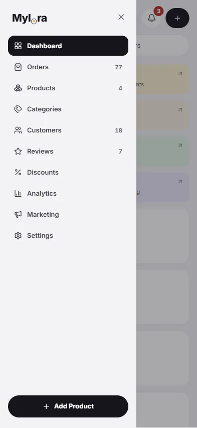 Mylora navigation drawer open over the phone dashboard