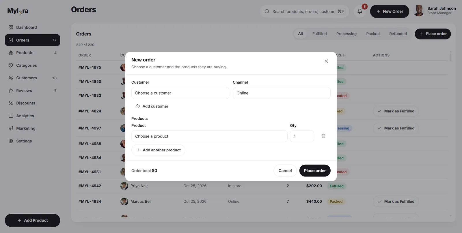 Mylora new order dialog with customer, channel and product selects over a dimmed orders table