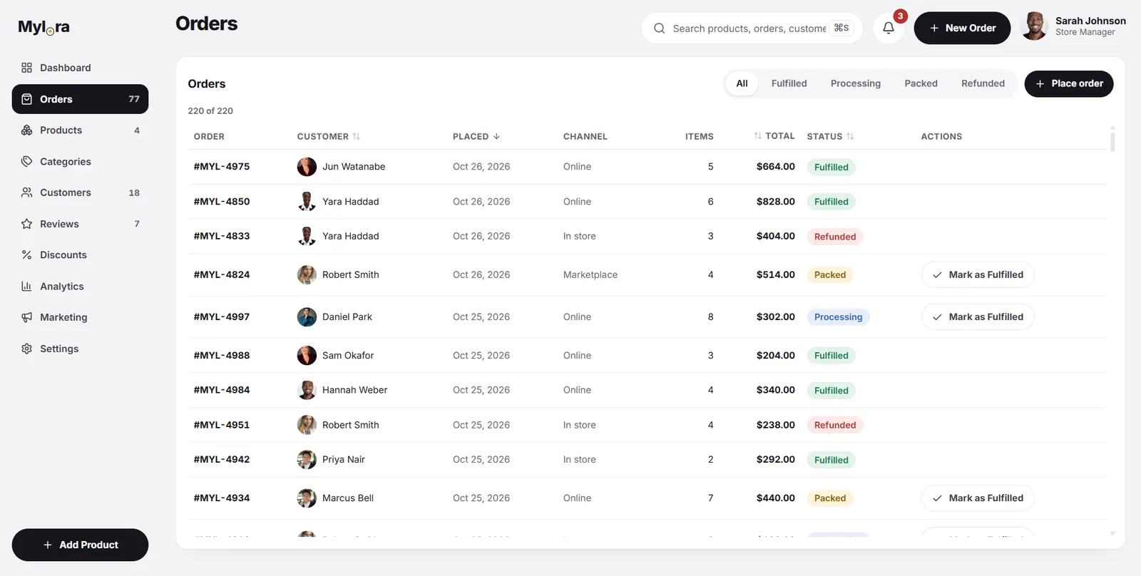 Mylora orders table showing 220 orders with status badges and inline fulfilment actions